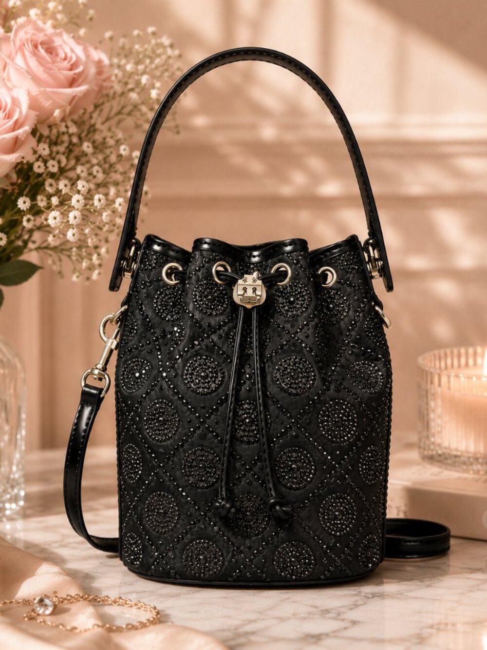 TORY BURCH T MONOGRAM HOTFIX SEQUIN EMBELLISHED BLACK MINI BUCKET BAG